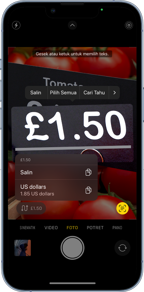 Layar Kamera menampilkan tombol tindakan cepat untuk mengonversi mata uang yang muncul di bingkai kamera.