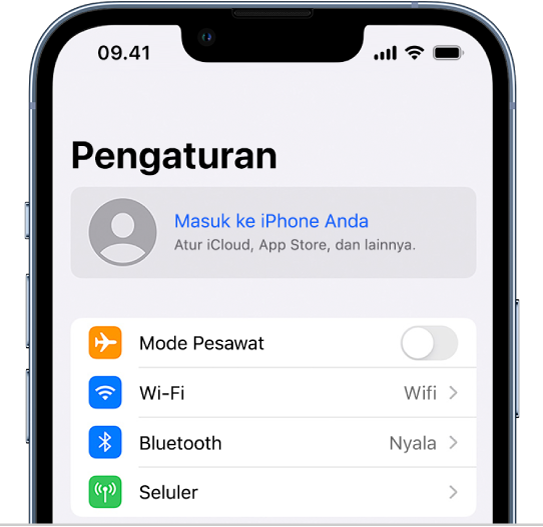 Layar Pengaturan, dengan Masuk ke iPhone dipilih.