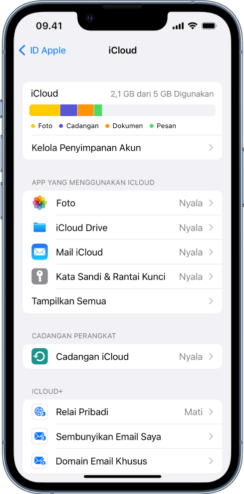 Layar pengaturan iCloud menampilkan meter penyimpanan iCloud dan daftar app dan fitur, meliputi Mail, Kontak, dan Pesan, yang dapat digunakan dengan iCloud.