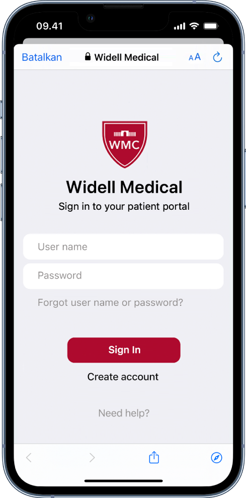 Layar masuk pasien di iPhone untuk organisasi kesehatan.