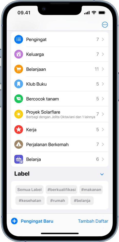 Layar menampilkan beberapa daftar di Pengingat. Browser Label berada di bagian bawah.