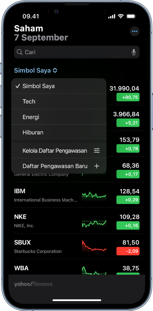 Daftar pengawasan menampilkan daftar saham yang berbeda. Tiap saham di daftar menampilkan, dari kiri ke kanan, simbol dan nama saham, bagan kinerja, harga saham, dan perubahan harga. Di bagian atas layar, daftar pengawasan Simbol Saya dipilih dan daftar pengawasan serta pilihan berikut tersedia: Teknologi, Energi, Hiburan, Kelola Daftar Pengawasan, dan Daftar Pengawasan Baru.