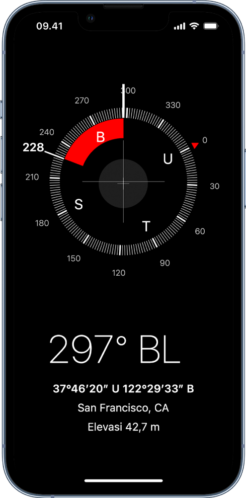 Layar Kompas menampilkan arah iPhone Anda menghadap, lokasi Anda saat ini, dan elevasi.