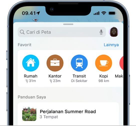 Kartu pencarian dengan beberapa favorit ditampilkan di bagian atas kartu.