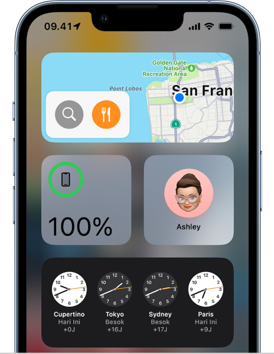 Widget Peta dan widget lainnya di layar iPhone.
