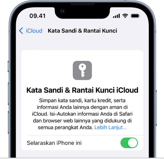 Kata Sandi iCloud dan layar Rantai Kunci, dengan pengaturan untuk menyelaraskan iPhone ini.
