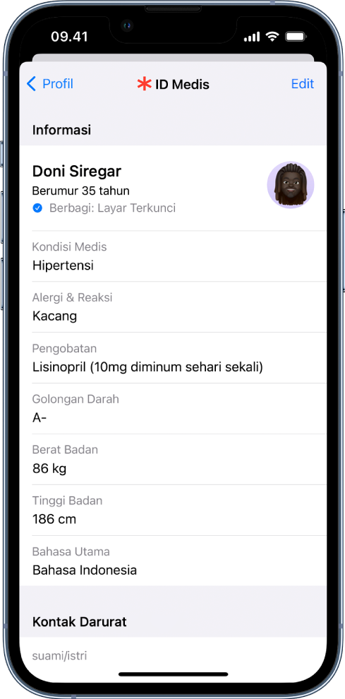 Layar ID Medis berisi informasi termasuk tanggal lahir, kondisi medis, pengobatan, dan kontak darurat.