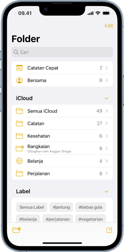 Daftar folder dengan bidang pencarian di bagian atas.