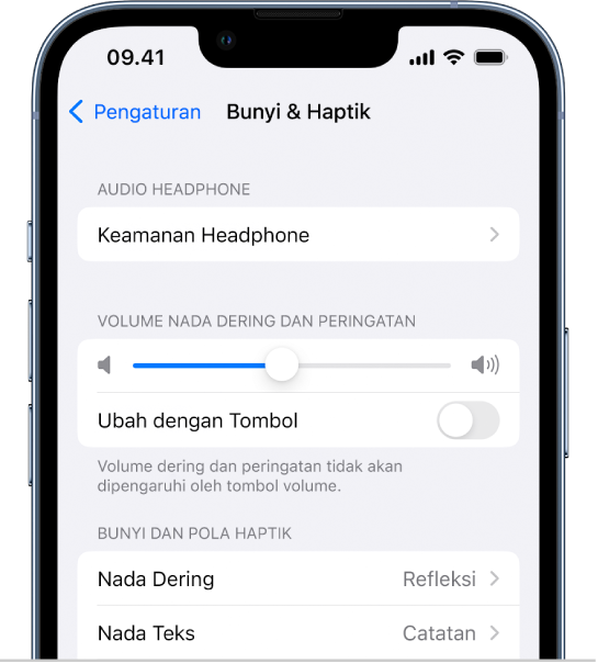 Layar Bunyi dan Haptik di Pengaturan. Pilihan pada layar dari atas ke bawah adalah Audio Headphone dan Keamanan Headphone, Volume Nada Dering dan Peringatan dengan penggeser untuk menyesuaikan volume dan pilihan untuk mengubah volume dengan tombol, serta Bunyi dan Pola Haptik termasuk Nada Dering dan Nada Teks.