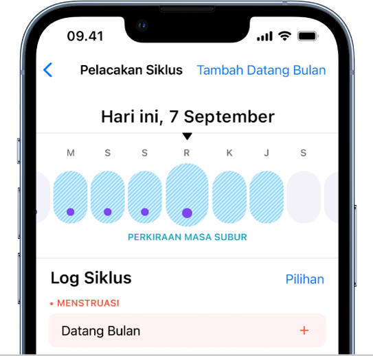 Layar Pelacakan Siklus dengan garis waktu di bagian atas menampilkan perkiraan masa subur.