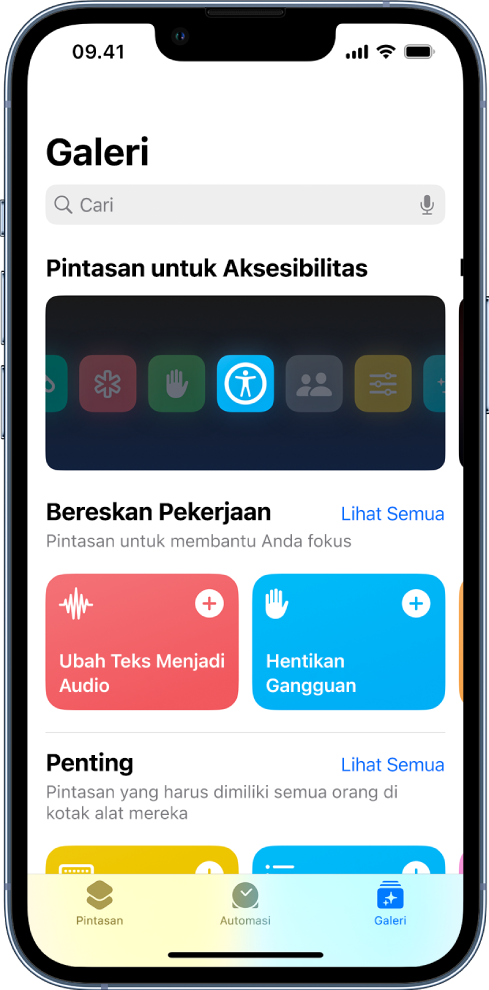 Layar Galeri Pintasan, dengan daftar pintasan untuk melengkapi tugas harian umum seperti membuat Teks Ke Audio dan Menghentikan Gangguan. Di bagian bawah terdapat tab Pintasan, Automasi, dan Galeri.