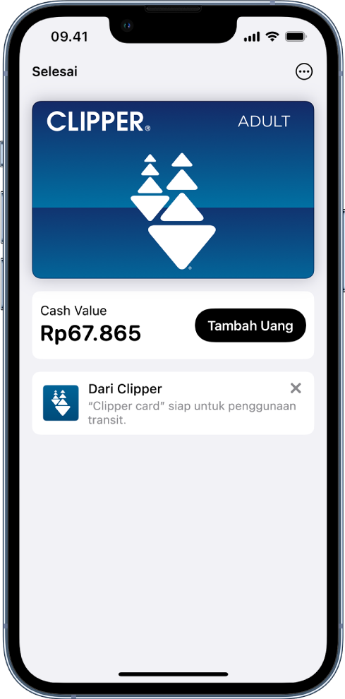 Kartu transit di app Dompet. Saldo kartu ditampilkan di tengah, di samping tombol Tambah Uang.