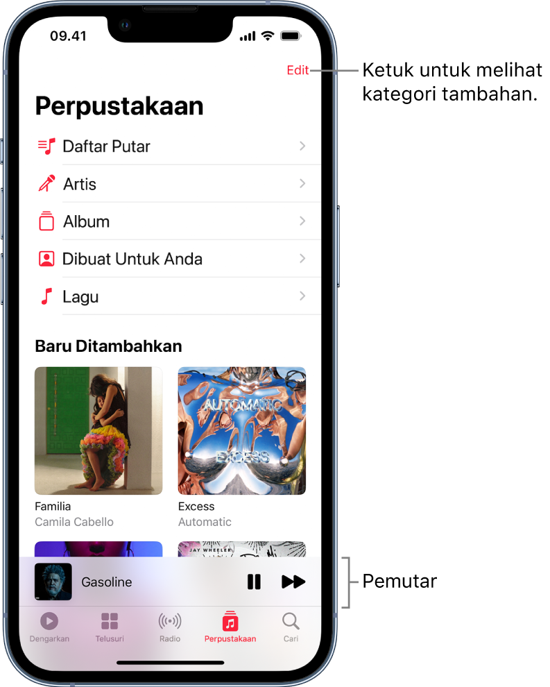 Layar Perpustakaan menampilkan daftar kategori termasuk Daftar Putar, Artis, Album, Dibuat Untuk Anda, dan Lagu. Judul Baru Ditambahkan muncul di bawah daftar. Pemutar menampilkan judul lagu saat ini serta tombol Putar dan Berikutnya muncul di dekat bagian bawah.