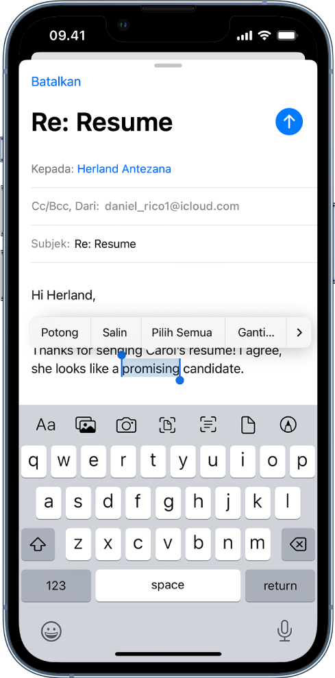 Sampel pesan email dengan beberapa teks yang dipilih. Di atas pilihan terdapat tombol Potong, Salin, Tempel, dan Ganti. Teks yang dipilih disorot, dengan pengendali di kedua ujungnya.