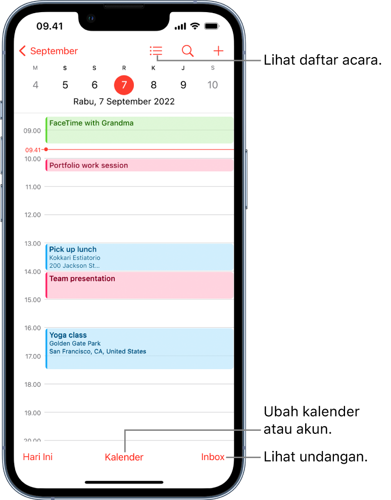 Kalender dalam tampilan Hari menampilkan acara pada hari itu. Tombol Kalender di bagian bawah layar memungkinkan Anda untuk mengubah akun kalender. Tombol Inbox di kanan bawah memungkinkan Anda untuk melihat undangan.