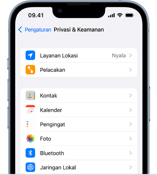Layar Privasi dan Keamanan di Pengaturan.