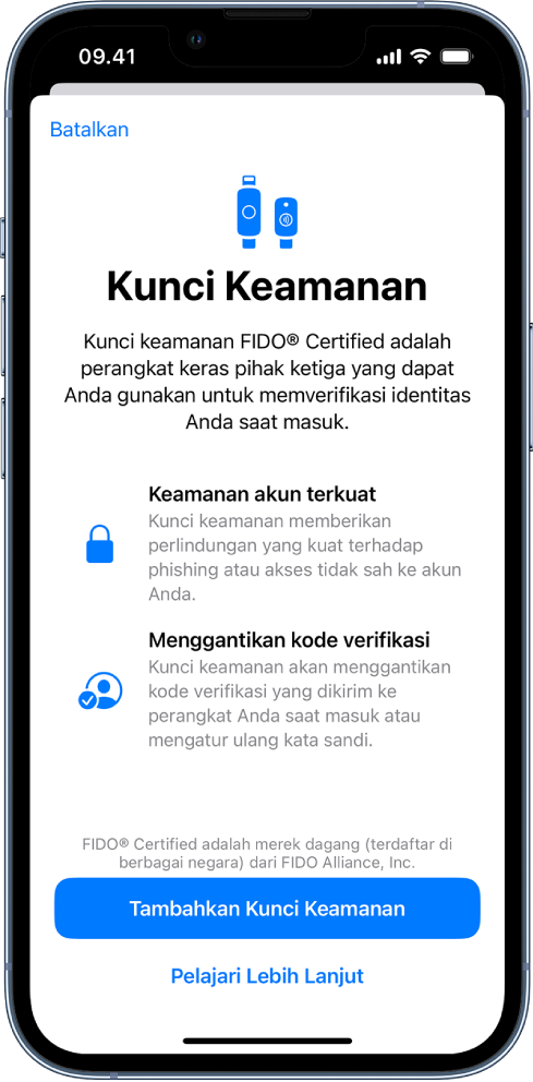 Layar selamat datang Kunci Keamanan. Di dekat bagian bawah terdapat tombol Tambah Kunci Keamanan dan tautan Lebih Lanjut. Di atasnya terdapat teks penjelasan mengenai keuntungan penggunaan kunci keamanan.