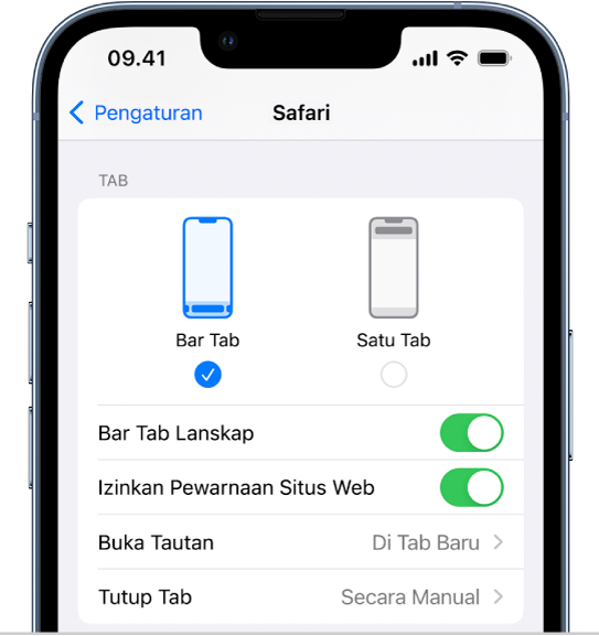 Layar menampilkan dua pilihan tata letak Safari: Bar Tab dan Satu Tab.