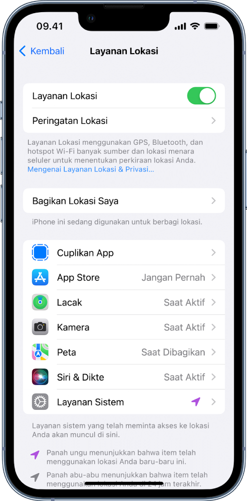 Layar Layanan Lokasi, dengan pengaturan untuk berbagi lokasi iPhone Anda, termasuk pengaturan khusus untuk app terpisah.