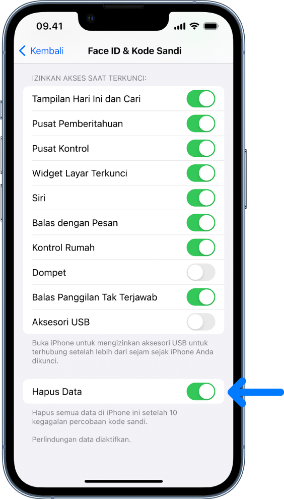 Kontrol Hapus Data, terletak di bagian bawah layar Face ID dan Kode Sandi di Pengaturan.