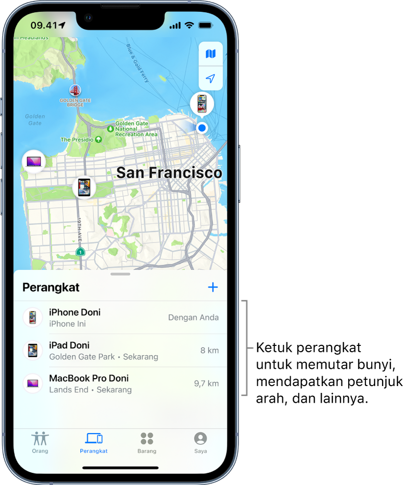 Layar Lacak dibuka ke daftar Perangkat. Terdapat tiga perangkat di daftar Perangkat: iPhone Doni, iPad Doni, dan MacBook Pro Doni. Lokasinya ditampilkan di peta dari San Francisco.