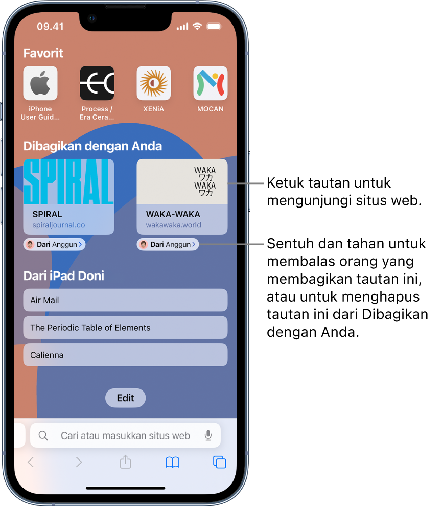 Halaman mulai di Safari menyertakan bagian Dibagikan dengan Anda dengan pratinjau dua halaman web. Di bawah pratinjau situs web terdapat label yang bertuliskan “Dari Anggun”. Ketuk pratinjau untuk mengunjungi situs web, atau ketuk label untuk membalas Ashley, atau untuk menghapus tautan dari Dibagikan dengan Anda.