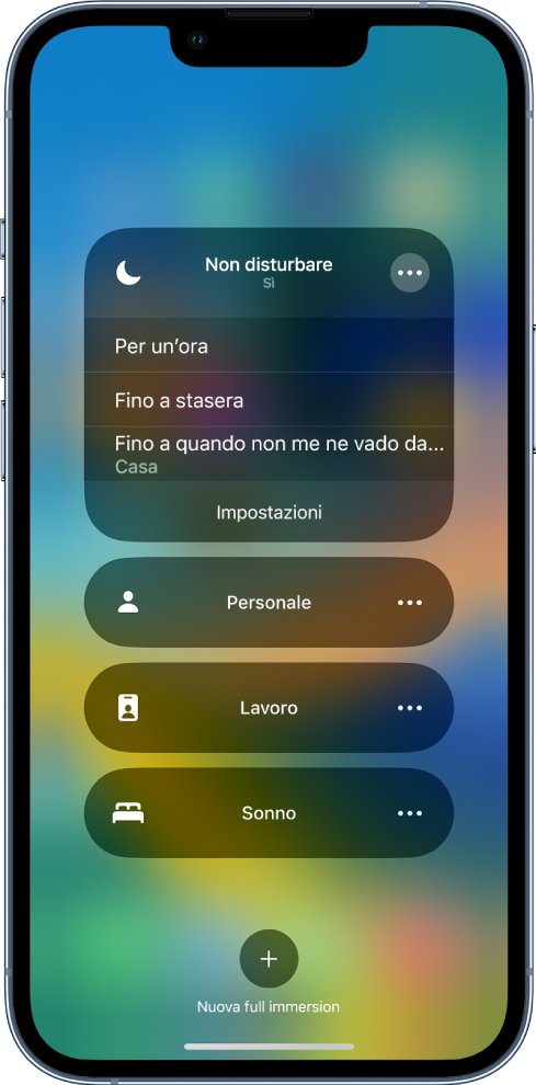 La schermata per scegliere per quanto tempo lasciare attivo “Non disturbare”. Le opzioni sono “Per un'ora”, “Fino a stasera”, “Fino a quando non me ne vado da qui”.