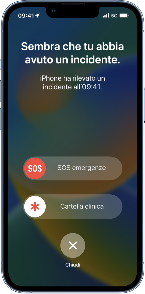 Una schermata di iPhone che mostra che è stato rilevato un incidente; sono presenti i pulsanti “Chiamata di emergenza”, “Cartella clinica” e Chiudi.