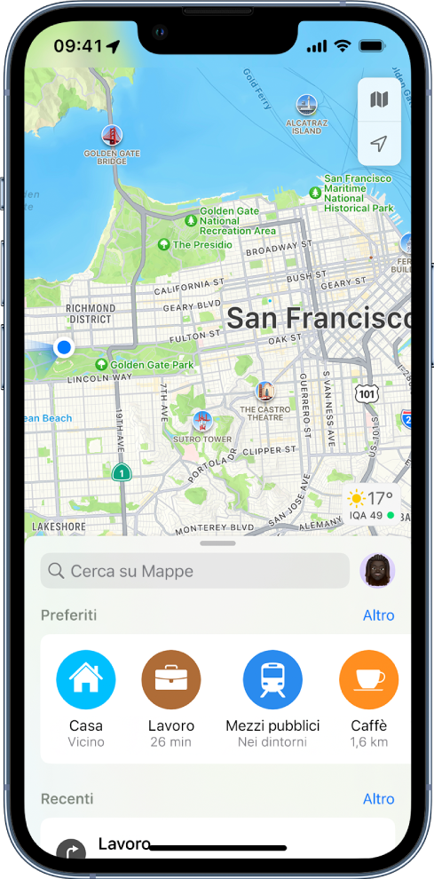 L'app Mappe che mostra i tuoi luoghi preferiti nella parte inferiore della schermata.