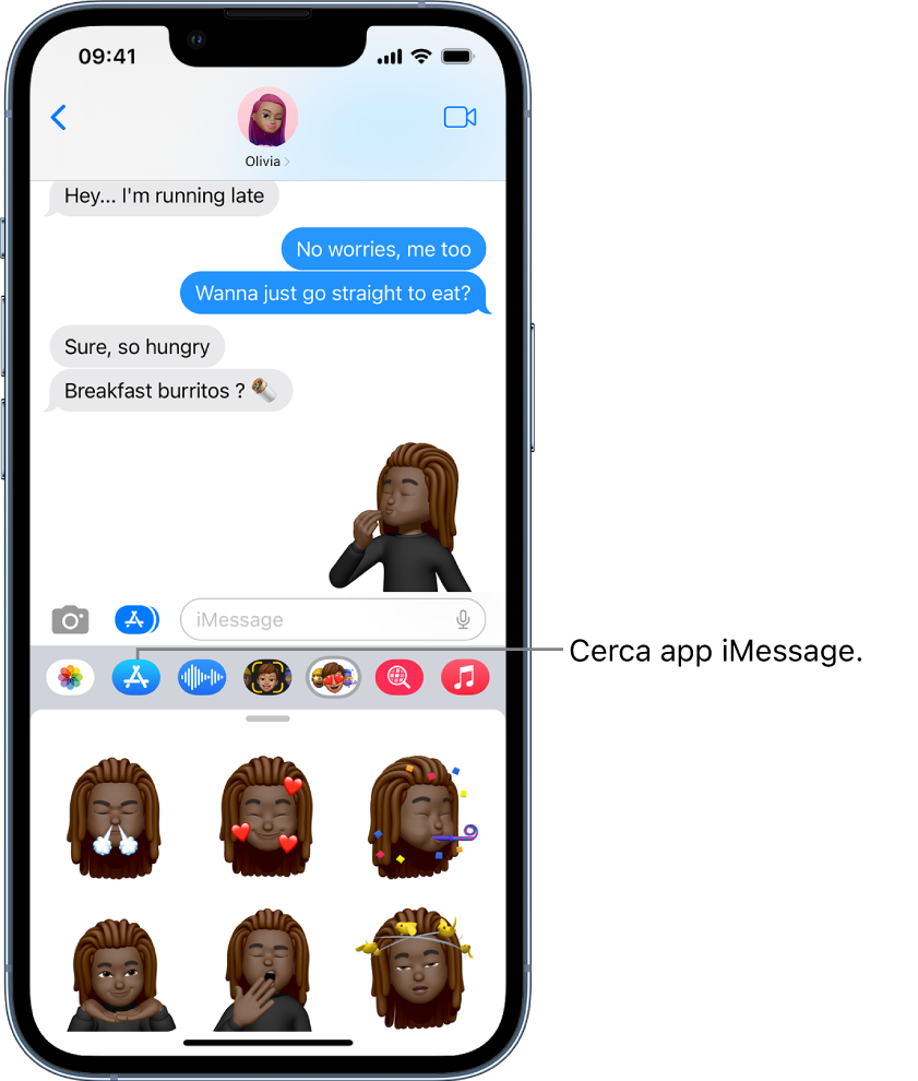 Una conversazione di Messaggi con l'icona dell'app Memoji per iMessage selezionata e adesivi Memoji nella parte inferiore dello schermo.