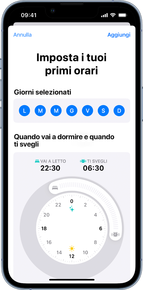 La schermata “Imposta i tuoi primi orari”.