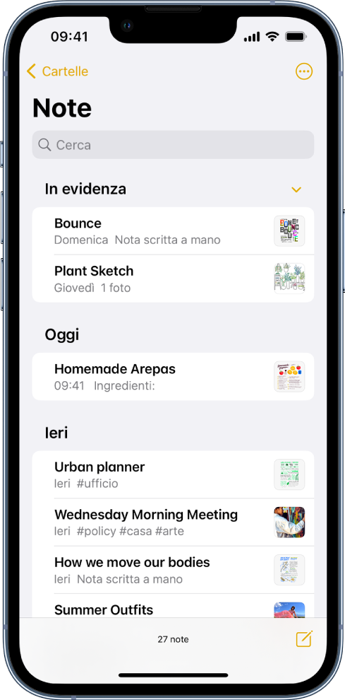 L'elenco delle note con il campo di ricerca nella parte superiore.
