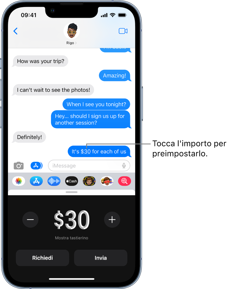 Una conversazione iMessage Apple Pay aperta in basso.