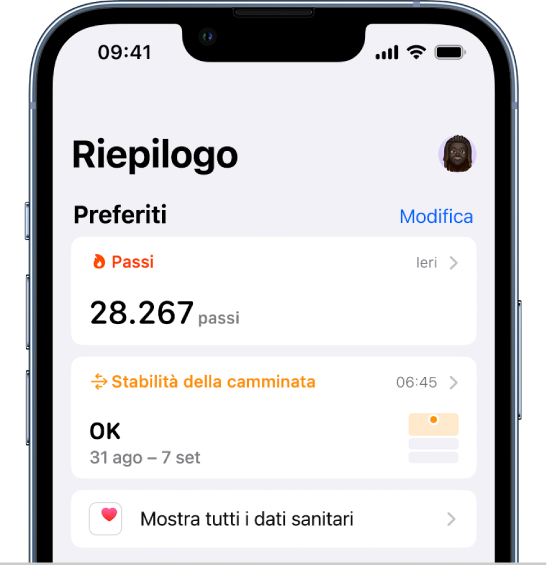 La schermata Riepilogo di Salute. Sotto Preferiti compaiono le informazioni sulla stabilità della camminata.