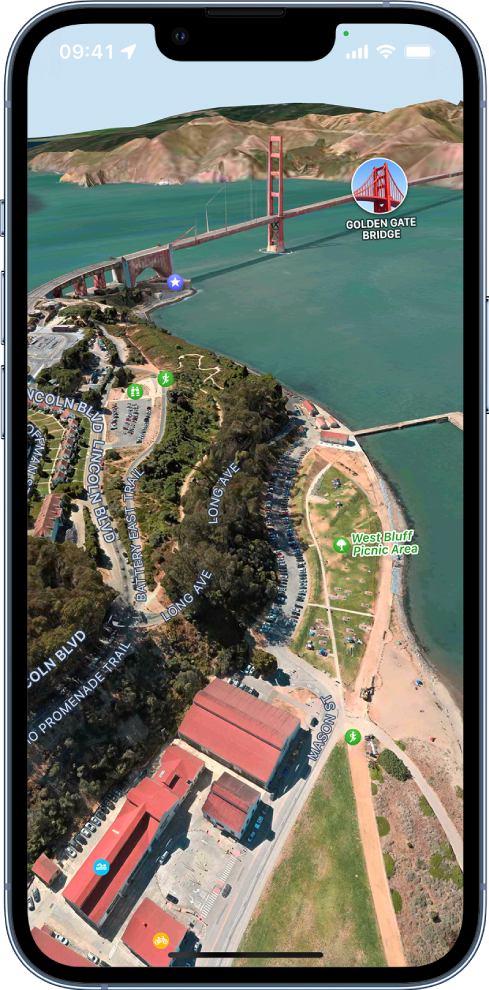 Una vista aerea in 3D verso il Golden Gate Bridge.