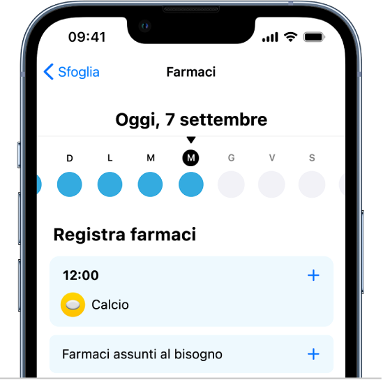 La schermata Farmaci in Salute che mostra una timeline e le registrazioni per i farmaci.