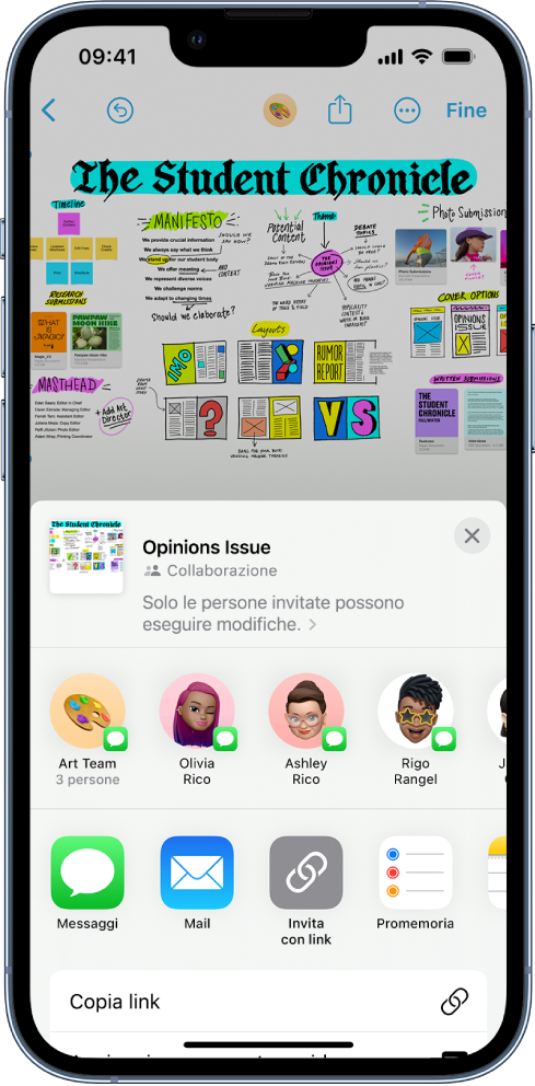L'app Freeform è visualizzata su iPhone con le opzioni per la collaborazione aperte.