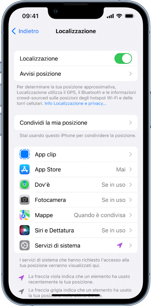 La schermata Localizzazione con le impostazioni per condividere la posizione di iPhone, incluse le impostazioni ad hoc per ciascuna app.
