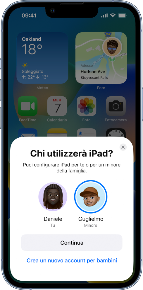 La schermata di avvio rapido, in cui viene richiesto chi utilizzerà iPad: Danny (tu) o Will (minore).