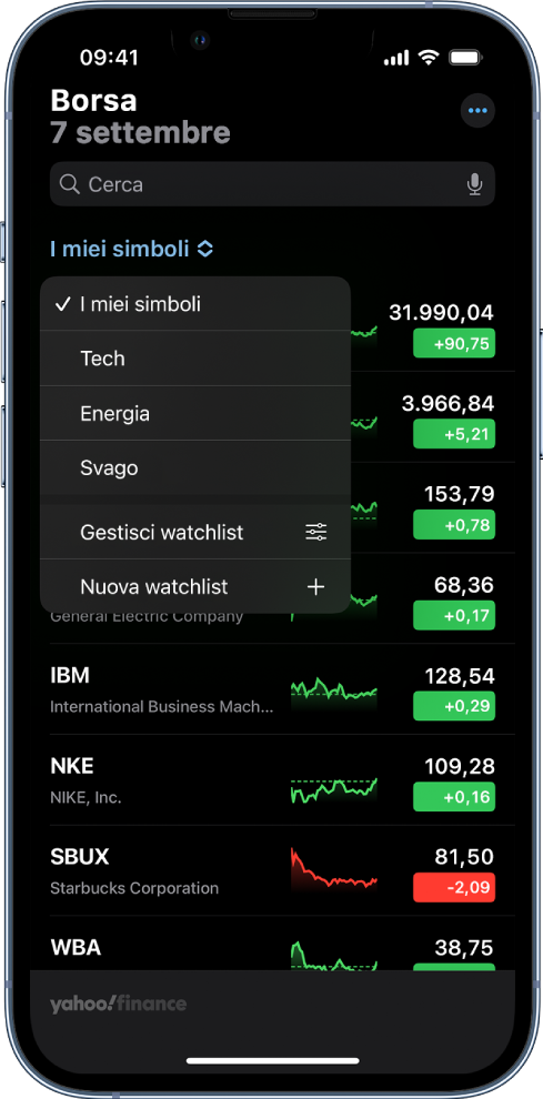 Una watchlist con un elenco di diverse azioni. Ciascuna azione nell'elenco visualizza, da sinistra a destra, il simbolo e il nome dell'azione, un grafico delle prestazioni, il prezzo dell'azione e le modifiche di prezzo. Nella parte superiore della schermata, è selezionata la watchlist “I miei simboli” e sono disponibili le watchlist e le opzioni di seguito: Tecnologia, Energia, Intrattenimento, “Gestisci watchlist” e “Nuova watchlist”.