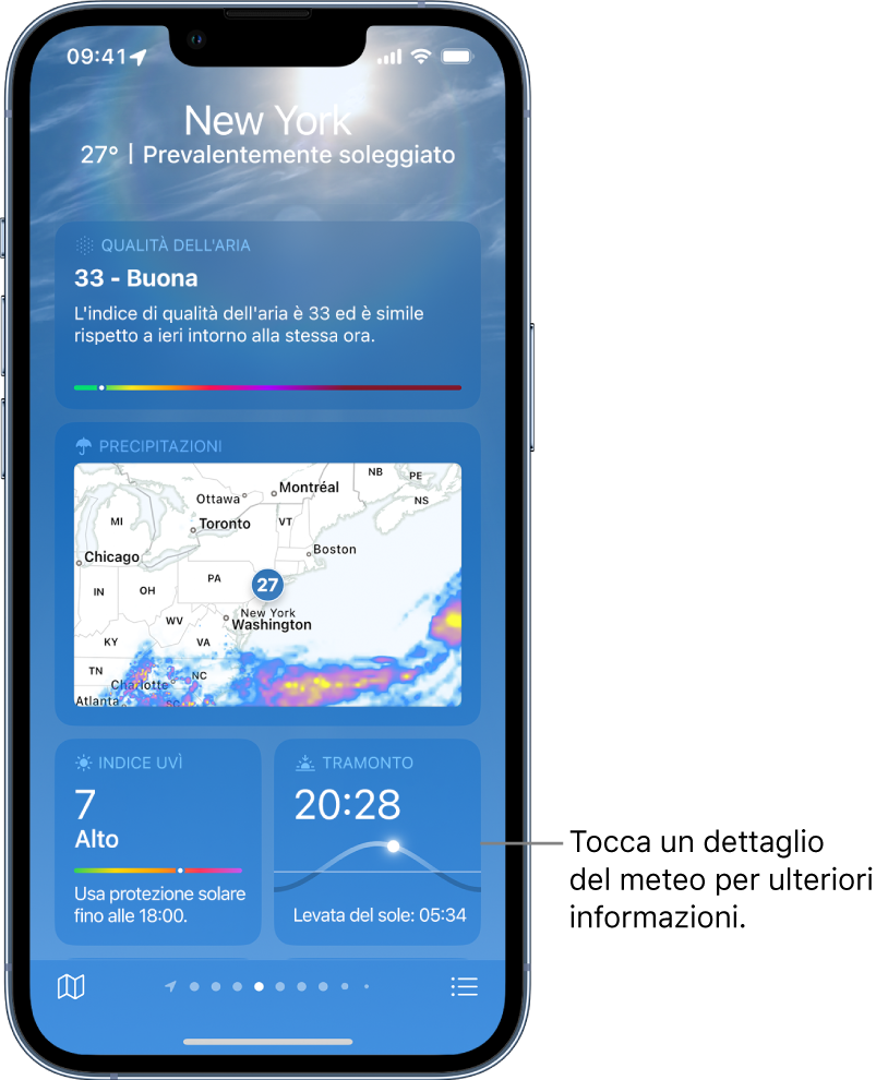 La schermata di Meteo che mostra la posizione in alto, la temperatura e le condizioni meteo attuali. Sotto vengono mostrati la qualità dell'aria, le precipitazioni, l'indice UV e l'orario del tramonto.