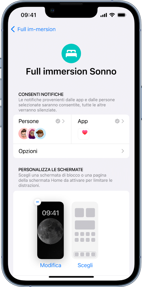 La schermata della full immersion Sonno che mostra che tre persone e un'app possono inviare notifiche.