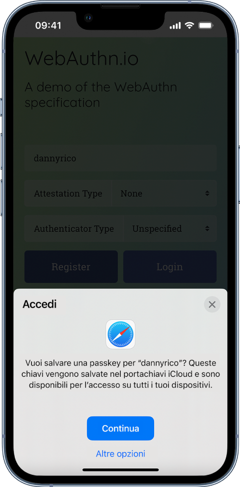 Una schermata di accesso con la richiesta di salvare una passkey per un account. Nella parte inferiore dello schermo sono presenti i pulsanti Continua e “Altre opzioni”.