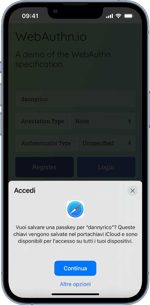 La metà inferiore della schermata di iPhone con l'opzione di utilizzare le passkey per accedere a un sito web. Viene visualizzato il pulsante Continua per salvare la passkey e il pulsante “Altre opzioni”.