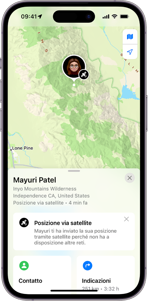 La schermata di Dov'è come appare quando una persona condivide la propria posizione via satellite.