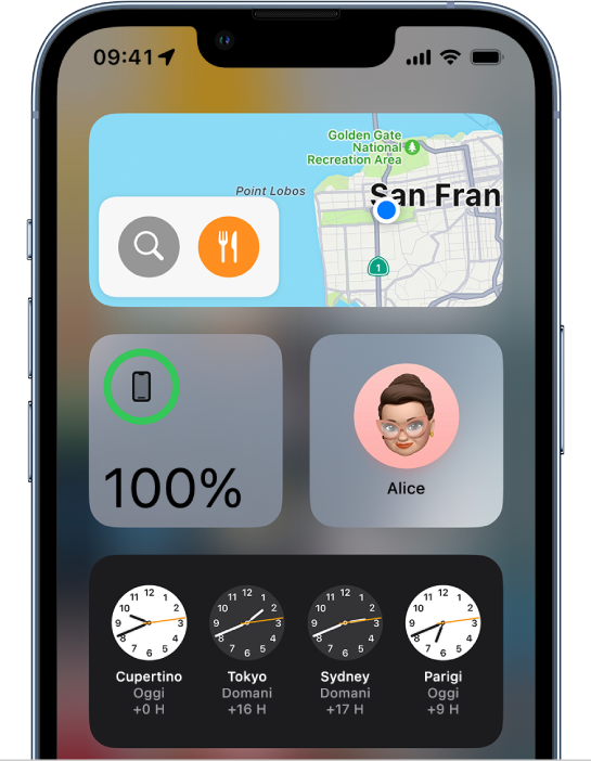 Il widget Mappe e altri widget su una schermata Home di iPhone.