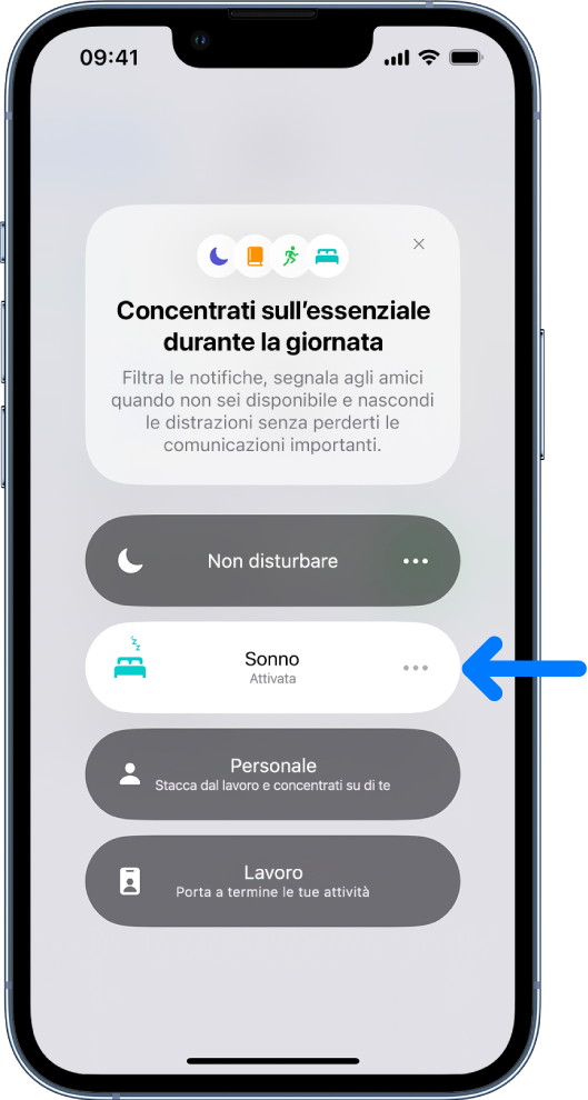 La schermata “Concentrati sull'essenziale durante la giornata” con Sonno attivato.