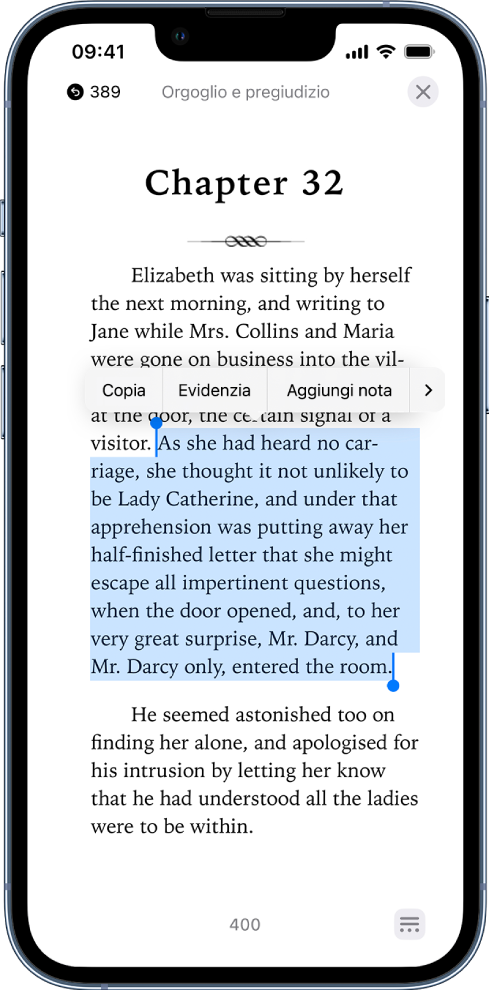 La pagina di un libro nell'app Libri, con una porzione del testo della pagina selezionata. Sopra il testo selezionato sono presenti i controlli Copia, Evidenzia e “Aggiungi nota”.