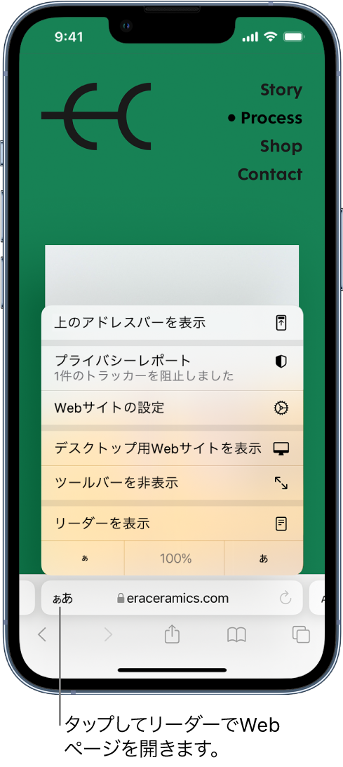 「ページ設定」メニュー。メニューの下部には「リーダーを表示」オプションがあります。