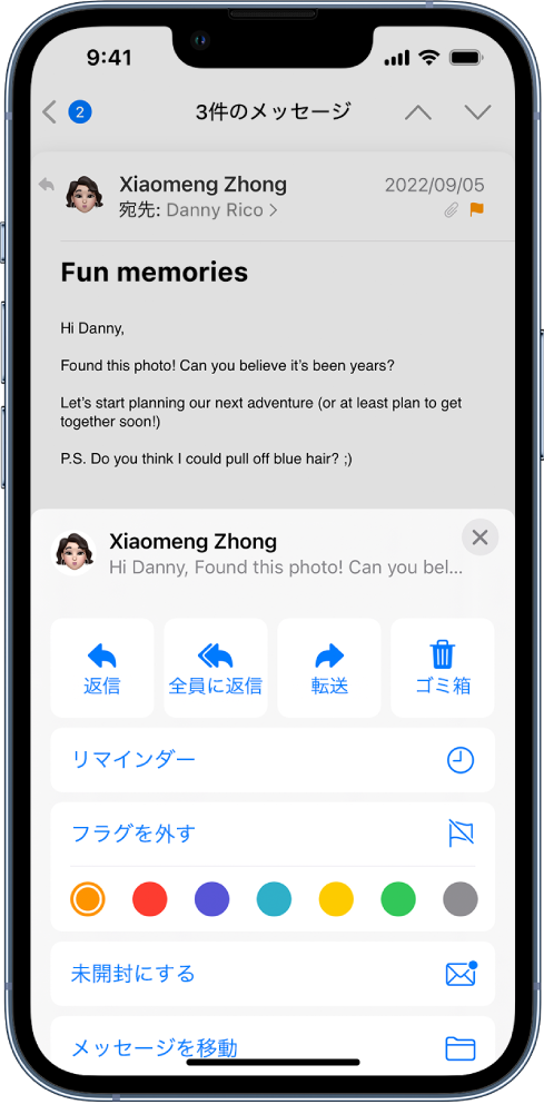 メール。画面の下半分に返信のオプションが表示されています。それらのオプションの下には、「リマインダー」ボタン、「フラグを外す」ボタンと、フラグのカラーの選択肢があります。